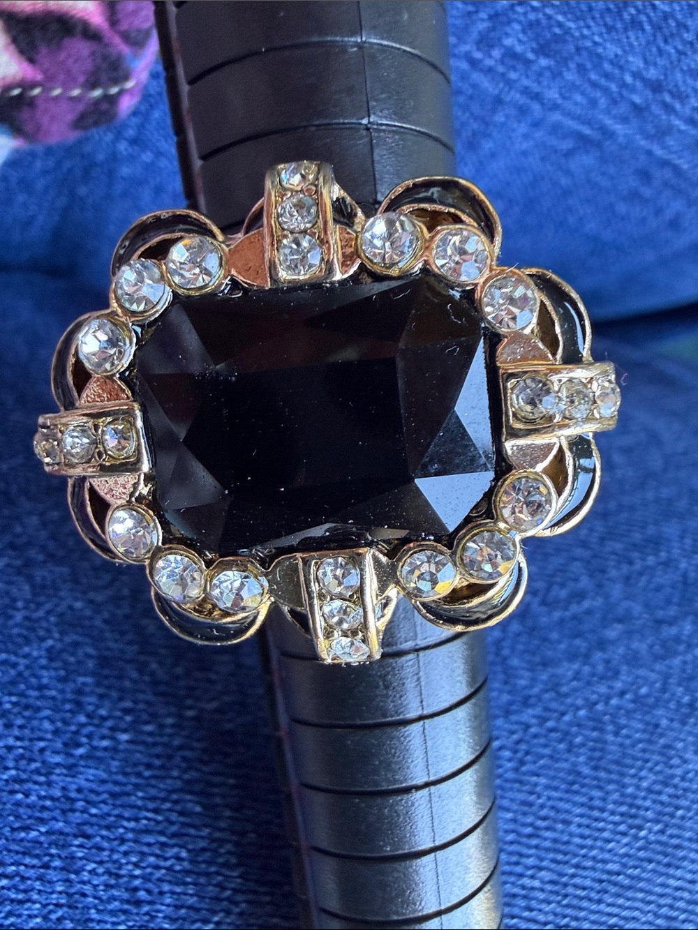 Vintage Gold Tone Black Onyx Style Cocktail Ring, Size 9